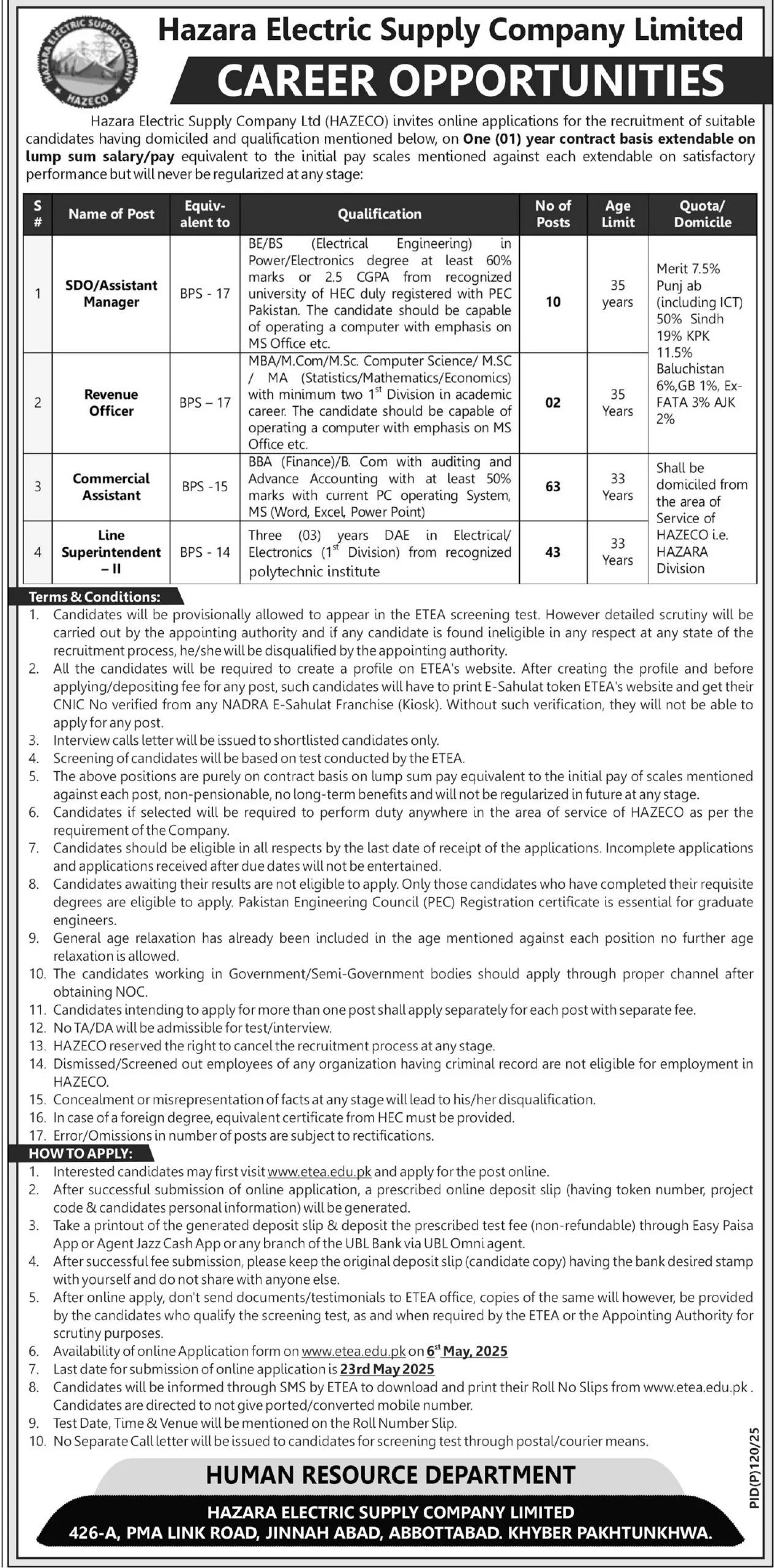 Hazara electric supply company jobs 2025