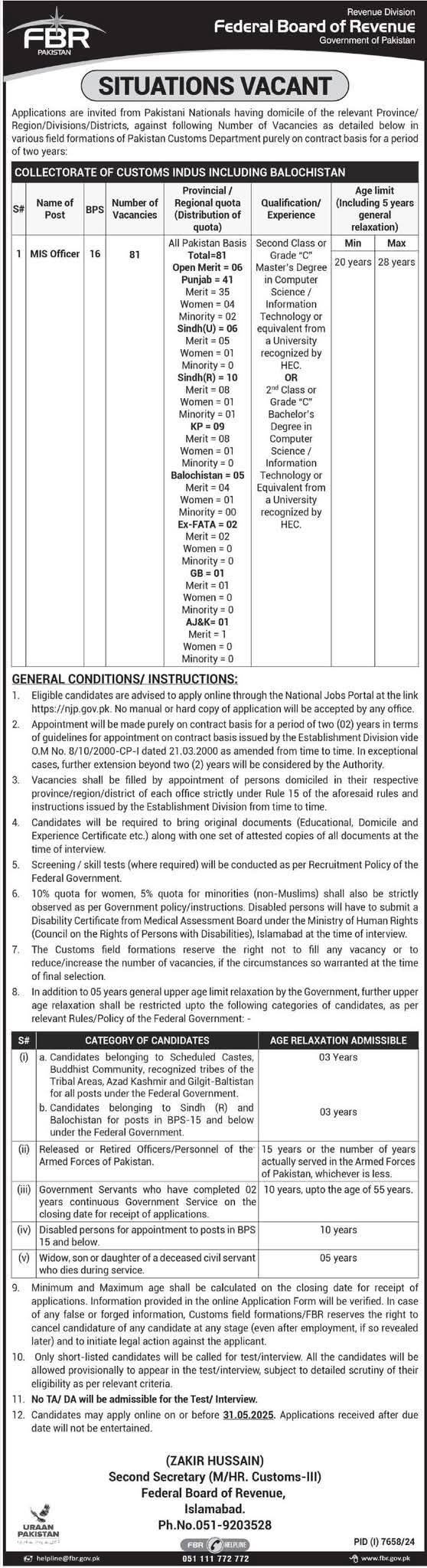 FBR Jobs 2025 – MIS Officer Vacancies Announced