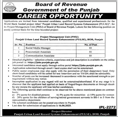 Board of Revenue BOR Punjab Jobs 2025