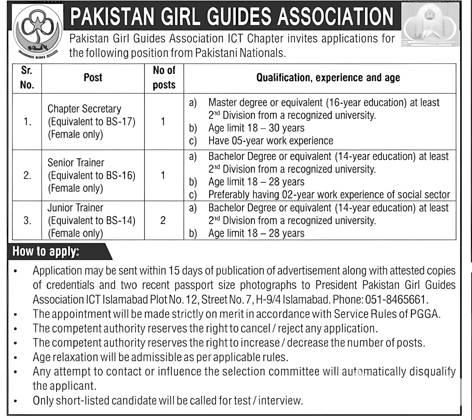 Pakistan Girl Guides Association PGGA Jobs 2025